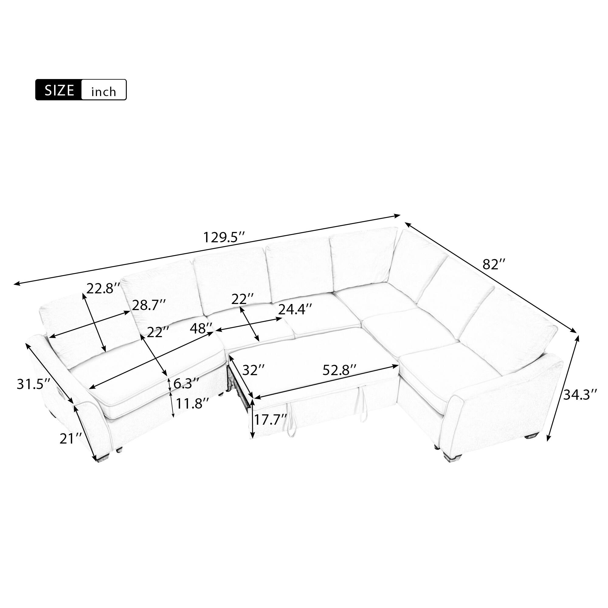 129.5" Chenille Sectional Sleeper Sofa with USB Charging Ports and Pull